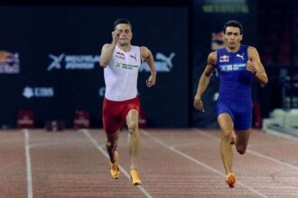 duplantis,-do-salto-com-vara,-vence-campeao-olimpico-em-prova-de-100m-rasos