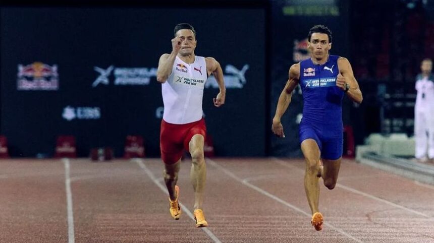 duplantis,-do-salto-com-vara,-vence-campeao-olimpico-em-prova-de-100m-rasos